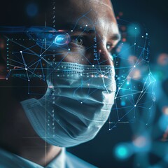 Close-up of a man wearing a face mask with digital data overlayed.