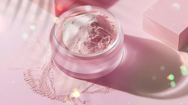 A box of loose powder, round clamshell boxlight anocompact,light pink background