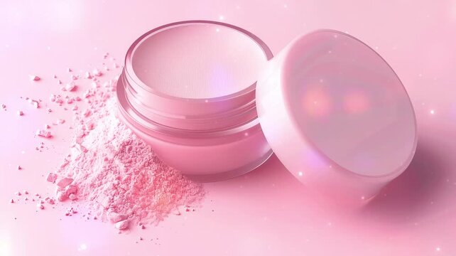 make up powder. A box of loose powder, round clamshell boxlight anocompact,light pink background