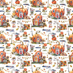 Watercolor seamless pattern with autumn pumpkin houses, flowers, leaves, cute cartoon mice. Autumn background, kids background.