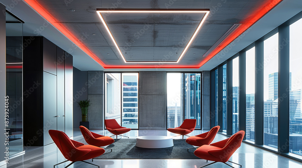 Poster a modern lounge area in an office with an x shape linear lighting- color vibe white, black, red. gen