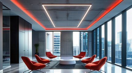 A modern lounge area in an office with an x shape linear lighting- color vibe white, black, red. Generative AI.