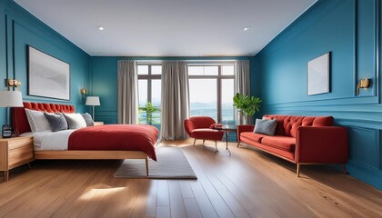 Modern Blue and Red Bedroom Interior