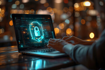 Digital screen with security icons and padlock behind hands typing on a laptop, representing digital protection against cyber attacks.
