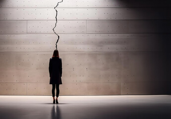 facing obstacles - woman is standing in front of cracked wall