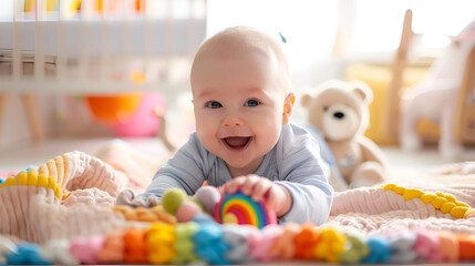 Smiling Baby Playing with Colorful Toys in a Bright Nursery