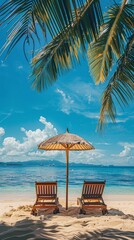 Wooden sun loungers under a parasol on a pristine beach, flanked by palm fronds and a view of the tranquil sea