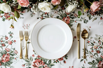 Floral Table Setting With Gold Flatware