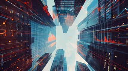 Real estate development and investment concept with financial chart indicators and stock market graphs overlaying city skyscrapers from a bottom view, double exposure for business, finance, and urban 