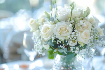 Fototapeta premium Wedding Flower. Table Decoration with Beautiful White Rose Bouquet