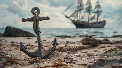 anchor stuck on land, the background of the ship is a bit blurry, Ai generated Images