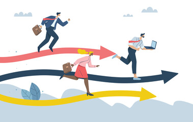 Naklejka premium Business competition concept, Competition between business competitors, A competition for skills or abilities to be successful in a career or work, Businessman running on arrows that go up and down.