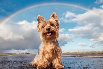 Hyper Cinematic Wide Angle Shot of a Happy and Shiny Coated Yorkshire Terrier Against a Sunny Sky