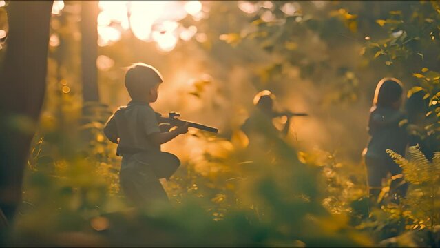 Kids having fun with paintball in the forest