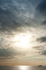 Beautiful landscape with dramatic sky, sea, ship and islands