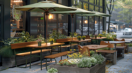 Outdoor seating areas, outdoor cafe tables with wooden bench tops and metal frames in black color, green umbrella frames, flower pots with plants and concrete planters. Generative AI.