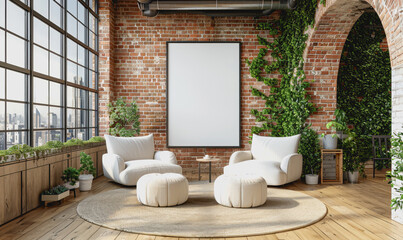 Serene indoor corner with blank canvas, green plants, natural lighting