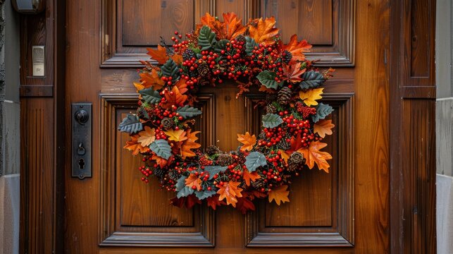 holiday door decor, transform your front door with a chic thanksgiving wreath adorned with autumn leaves and berries the perfect festive touch for the holiday season