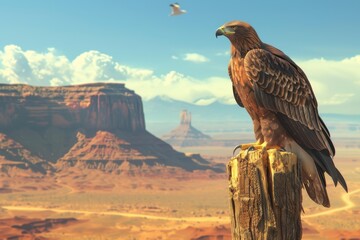 A bald eagle is perched on a wooden post in the desert