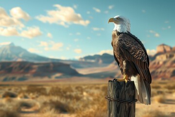 Fototapeta premium A bald eagle is perched on a wooden post in the desert