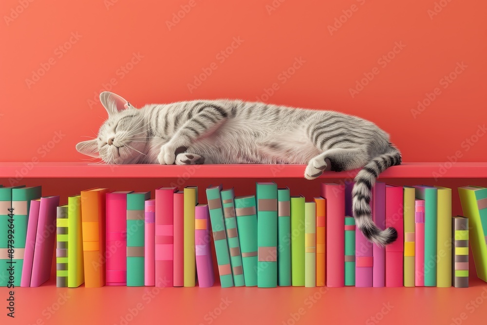 Poster a cat is laying on a shelf with a bunch of books
