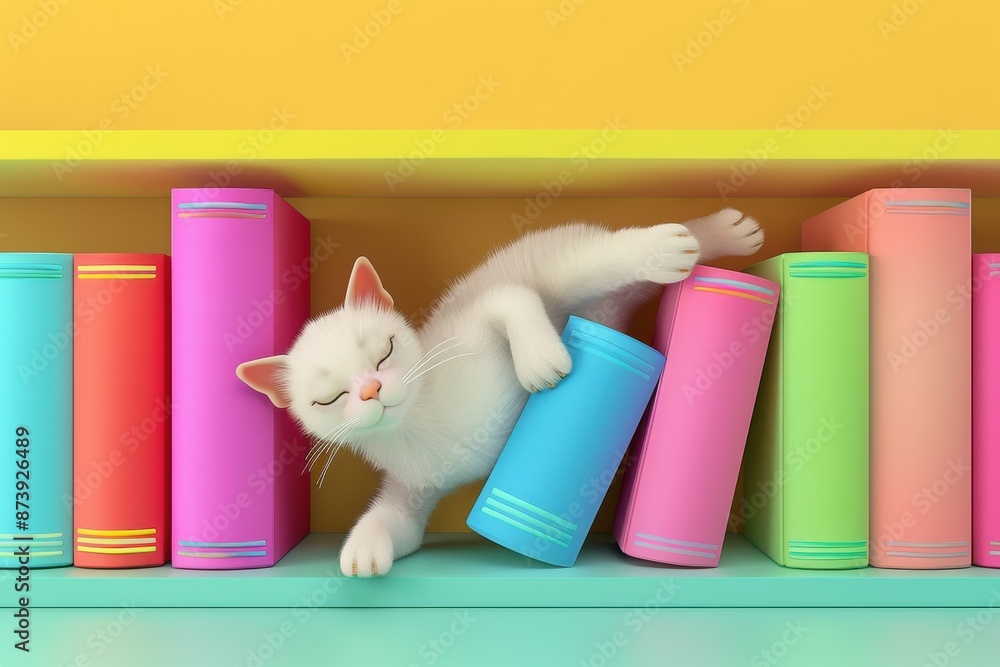 Poster a cat is laying on a shelf with a bunch of books