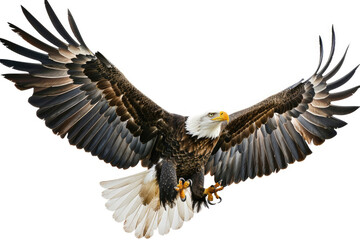 Fototapeta premium An eagle mid-soar, wings wide, isolated on a white background
