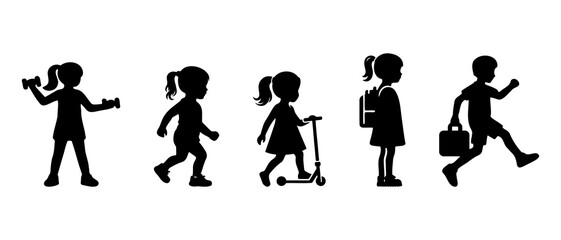 Vector silhouette of children. school boys and girls set. Little kids activity silhouette black filled vector Illustration icon.