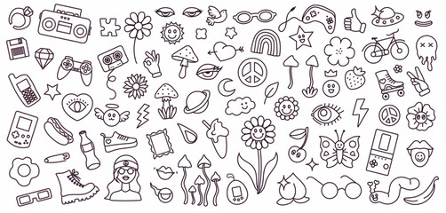 Linear cute hand drawn drawings. Background from doodles in youth style. Black and white children's hand drawings. Vector illustration isolated elements on a white background. Set of tattoos.
