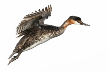 Obraz premium A grebe mid-dive, body streamlined, isolated on a white background