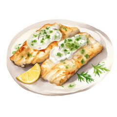 Illustration of Bakaliaros Skordalia, a Greek Food in a White Background.