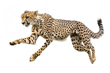 A cheetah mid-leap, muscles flexed, isolated on a white background