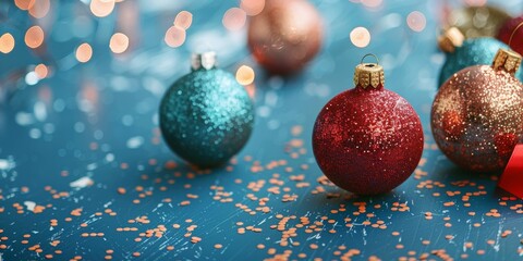 Festive Season: Pine Branches and Blue Ornaments