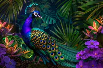 Fototapeta premium A stunning peacock with vibrant plumage, surrounded by lush tropical foliage and colorful flowers