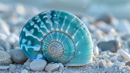 Turquoise spiral seashell on a beach with small white pebbles.