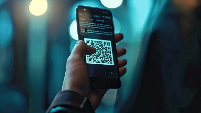 A hand holding a smartphone displaying a QR code, illuminated by city lights in the background.

