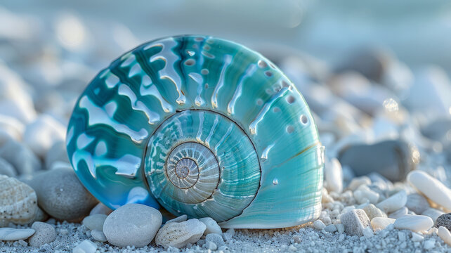 Turquoise spiral seashell on a beach with small white pebbles.
