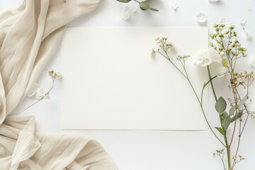 Blank Paper Mockup With White Flowers and Fabric
