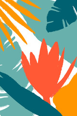 Abstract summer vertical poster with green leaves and red flower in flat style. Rough edges and grunge texture effect. Trendy template for background, cover, card, label.