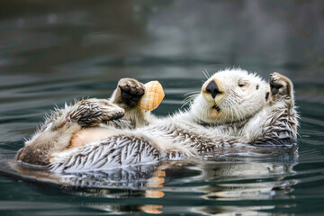 Sea otter floating on its back in the water, holding a shell
