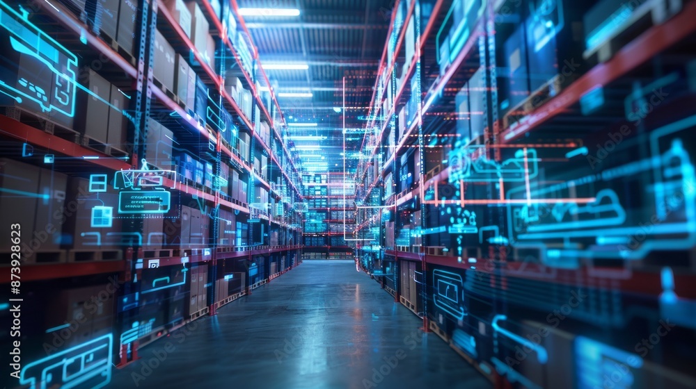 Poster smart logistics in a futuristic digital warehouse using augmented reality – high-tech innovative sto