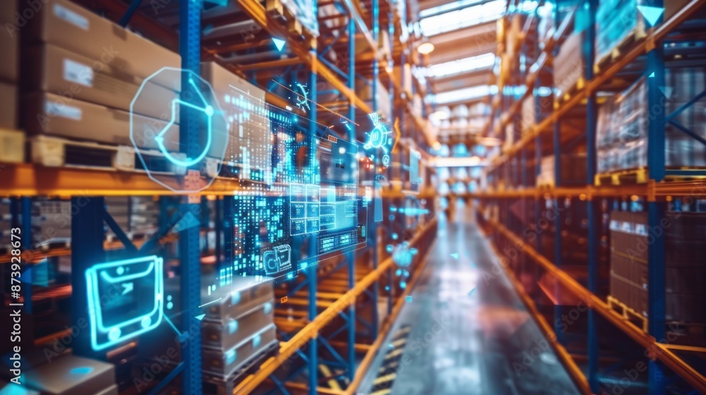 Poster smart logistics in a futuristic digital warehouse using augmented reality – high-tech innovative sto