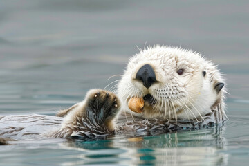 Sea otter floating on its back in the water, holding a shell