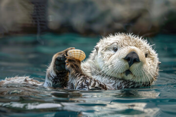 Sea otter floating on its back in the water, holding a shell