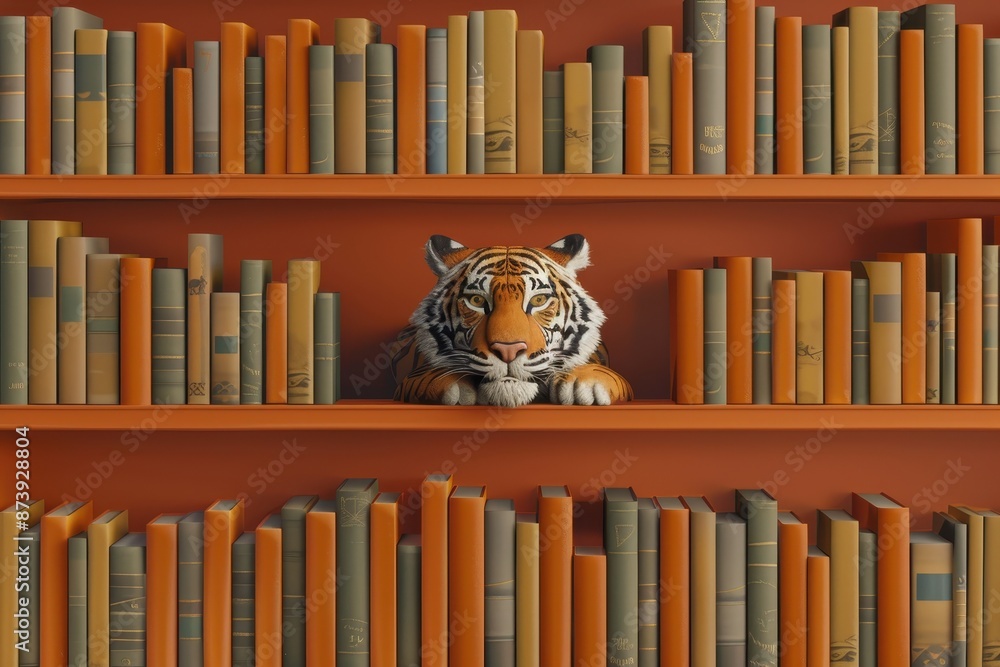 Poster a tiger is hiding in a bookshelf