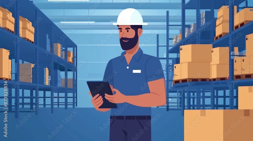 Poster manager using digital tablet to operate smart warehouse inventory management system, featuring advan