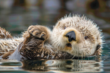 Fototapeta premium Sea otter floating on its back in the water, holding a shell