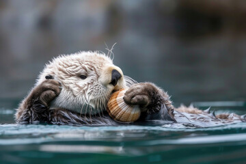 Fototapeta premium Sea otter floating on its back in the water, holding a shell