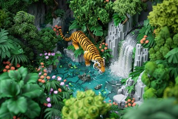 Naklejka premium A tiger is in a jungle near a waterfall