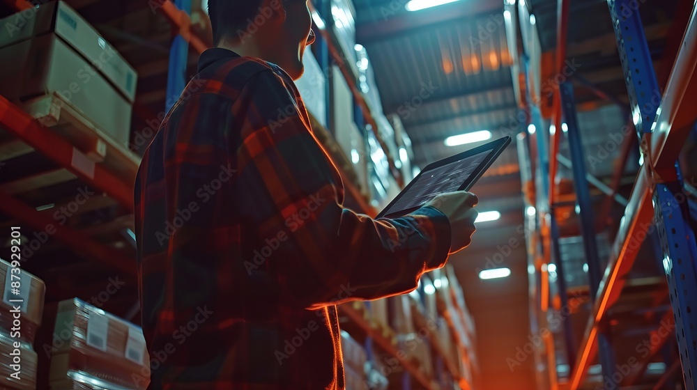 Poster manager using digital tablet to demonstrate smart warehouse inventory management system with advance
